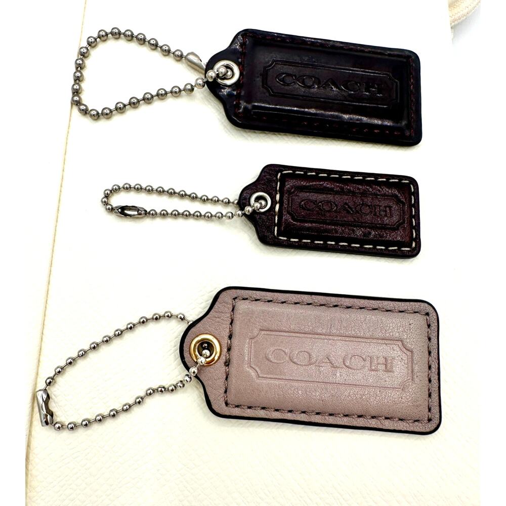 Lot of 3 Coach Leather Hangtags Brown Taupe Silver Chains Bag Tags Charms